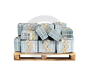 Stack of dollar money bills on wooden pallet 3d render on white