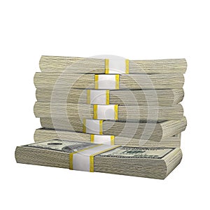 Stack of 100 Dollars banknote bill USA money banknote on a white background.