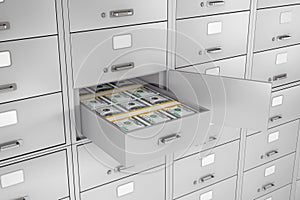 Stack of Dollars in Opened Bank Safe Deposit Box. 3d Rendering