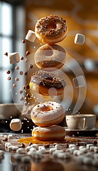 A stack of donuts with chocolate and marshmallows floating in midair