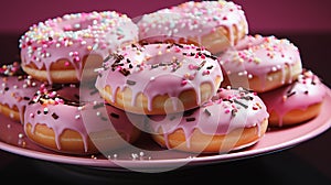 A stack of donuts on a plate with pink icing