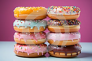 a stack of donuts with sprinkles and frosting
