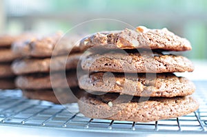 Stack of double semi sweet chocolate and white cho