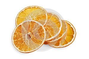 Stack of dried orange slices isolated on white