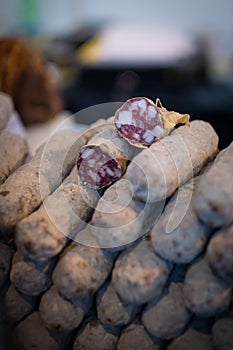 Stack of dried salami sausages