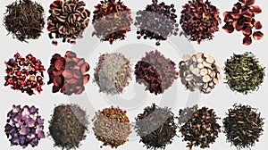 Stack of dry leaves and flowers isolated on background. Red, green, black herbal dried fresh beverages. Realistic 3D