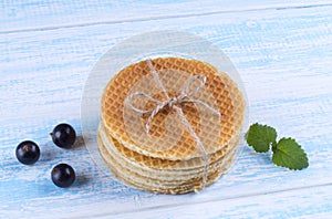 Stack of Dutch caramel waffles. Strack of Traditional Dutch waffle called Stroopwafel on.