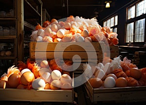 A stack of eggs on wooden crates. A pile of eggs sitting on top of wooden crates