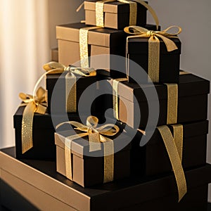 A stack of elegant black gift boxes adorned with shiny golden ribbons. Th