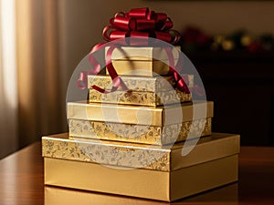 Stack of elegant gift boxes with red ribbon