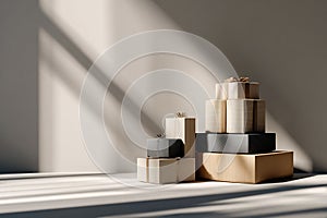 Stack of elegantly wrapped gift boxes with soft light and shadows creating a festive atmosphere