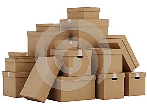 Stack of Empty Brown Cardboard Moving Storage Boxes Against Black Background