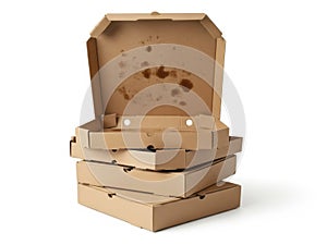 Stack of empty pizza boxes isolated on white background