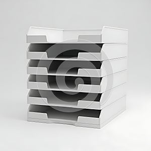 A stack of empty white plastic crates against a white background