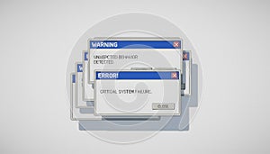 Stack of error pop up windows showing system failure