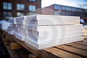 Stack of extruded polystyrene sheets insulative material for buildings at construction site
