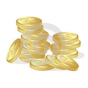 Stack of fairy golden coins with clovers leaves on white background. St. Patrick`s day, Money, gold, Saint, Patrick, holiday, goo