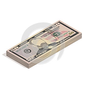 Stack of fifty dollar bills. Paper money, pile of 50 US dollar banknotes, isometric view. Vector illustration isolated