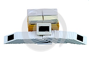 Stack of film photo slides on white background