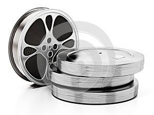 Stack of film reels inside metal container. 3D illustration