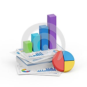 Stack of Financial Reports with Bar and Pie Charts and 3D Data Visualizations documents