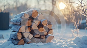 Stack of Firewood Covered in Snow on a Sunny Winter Day