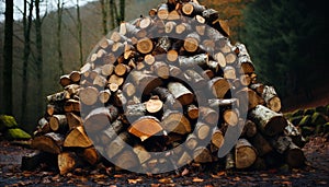 Stack of firewood in the forest, ready for winter generated by AI