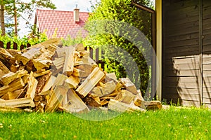 Stack of firewood on green grass