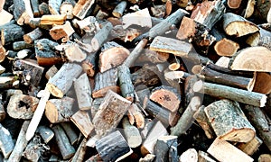 Stack of firewood.The logs of fire wood.Wood chips.