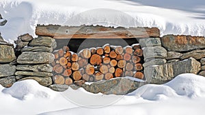 A Stack of Firewood Logs in a Stone Wall Covered in Snow