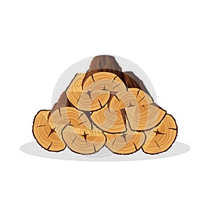 Stack of firewood materials for lumber industry isolated on white background. Pile of wood logs tree trunk, cartoon tree photo