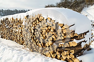 Hromada palivového dreva v snehu