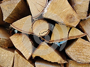 Stack of firewood, wood logs texture background.Pile of chopped fire wood prepared for winter