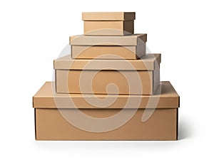 Stack of five brown cardboard boxes isolated on white background