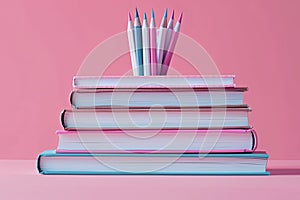 Colorful Pencils and Notebooks on Pink Background