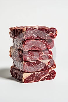 Stack of Five Raw Ribeye Steaks on White Background
