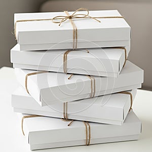 A stack of five rectangular white boxes tied with brown twine. The boxes are neatly