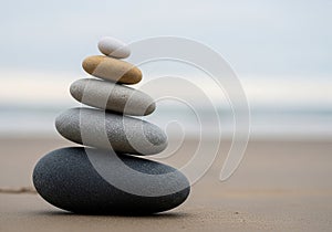 A stack of five smooth stones on a sandy beach. The pebbles vary in size and color, with the