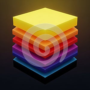 A stack of five square slabs in vibrant colorsâyellow, orange, red, purple, and blueâ