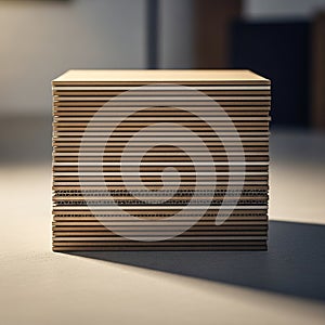A stack of flat cardboard sheets is neatly arranged on a surface, each displaying a