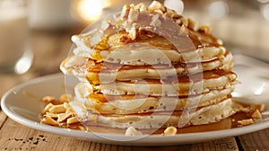 A stack of fluffy coconut pancakes drizzled with warm maple syrup and sprinkled with crunchy macadamia nuts