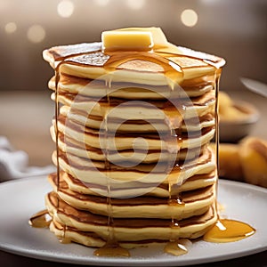A stack of fluffy and golden pancakes with a pat of melting butter2