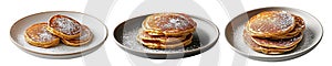 Stack of fluffy golden pancakes sprinkled with powdered sugar on a ceramic plate, isolated on white background