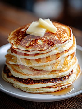 Stack of fluffy pancakes with butter and syrup on a white plate.