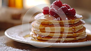 Stack of fluffy pancakes drizzled with maple syrup or honey and sprinkled with powdered sugar on a white plate. Close-up