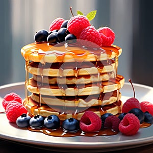 a stack of fluffy pancakes drizzled with maple syrup and topped with berries trending on Artstati