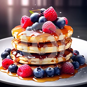 a stack of fluffy pancakes drizzled with maple syrup and topped with berries trending on Artstati