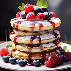 a stack of fluffy pancakes drizzled with maple syrup and topped with berries trending on Artstati