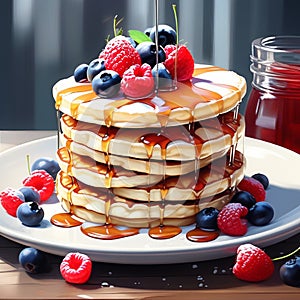 a stack of fluffy pancakes drizzled with maple syrup and topped with berries trending on Artstati