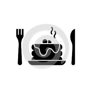 Stack of fluffy pancakes with sauce or honey. Silhouette pancakes with syrup, berry, fork, knife. Outline icon of classic american